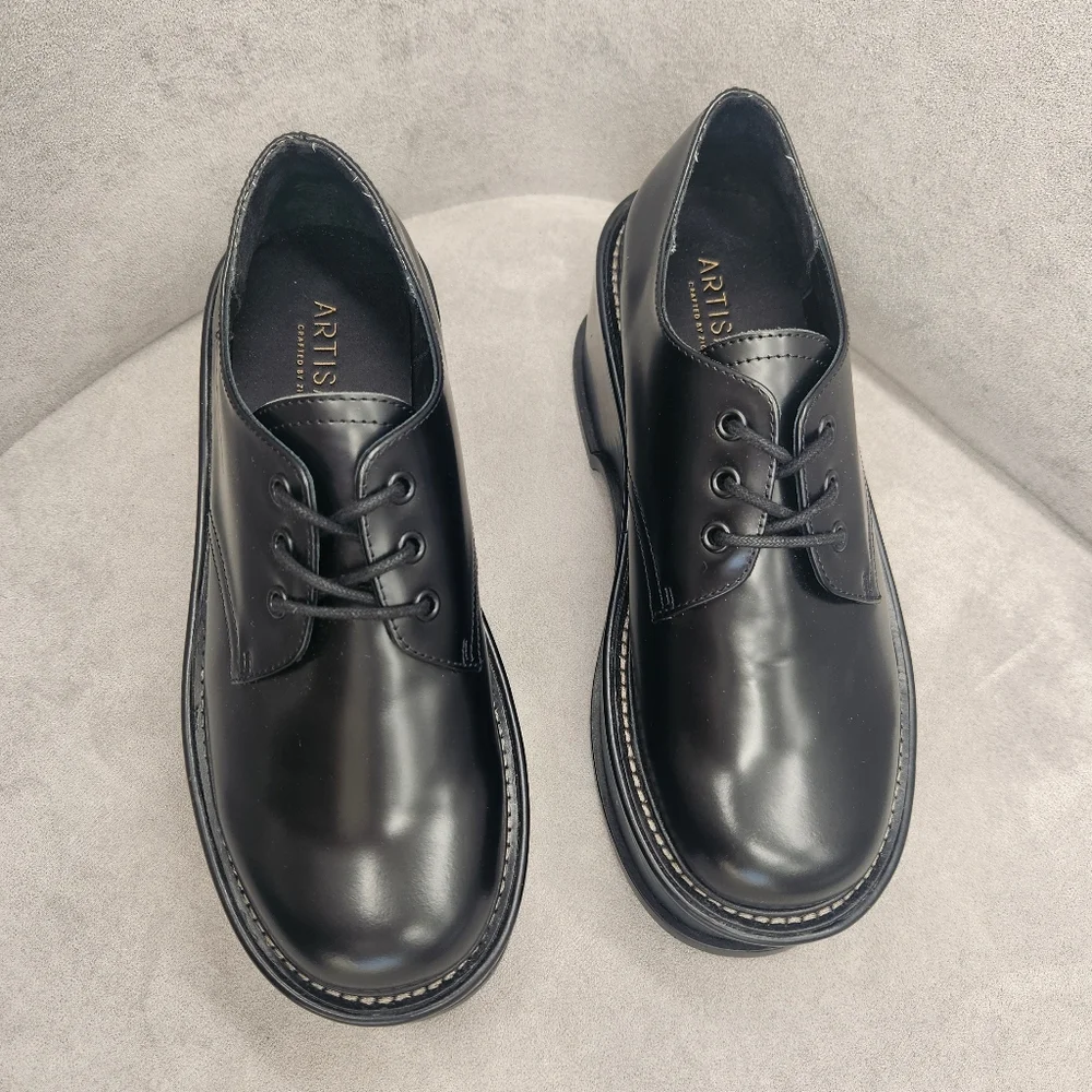 Artisan Platform Derby Shoes Women's 7 Black Leather Chunky Academia New $200